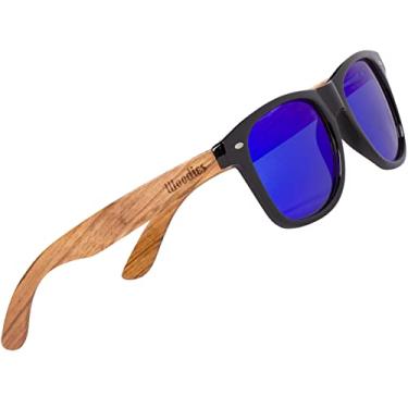 Imagem de Woodies Óculos de sol Zebra Wood com lentes polarizadas espelhadas e armação de madeira para homens e mulheres | 100% de proteção UVA/UVB, Azul, M