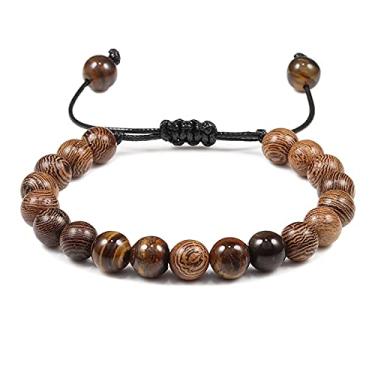 Imagem de Pulseiras trançadas de madeira natural de 8 mm masculinas ajustáveis meditação pedra pulseira feminina joias de oração pulseira de ioga casa (trançado 4)