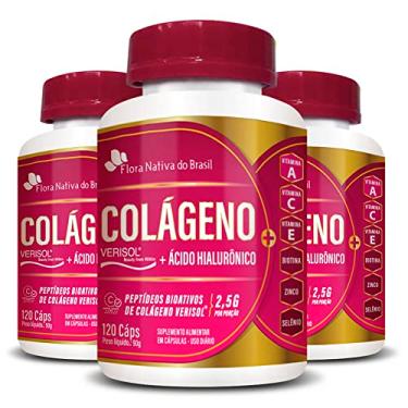 Imagem de Kit Colágeno Verisol + Ácido Hialurônico + Vitamina A, E, C + Biotina + Zinco 750mg 3 Potes 120 Cápsulas Cada - Flora Nativa