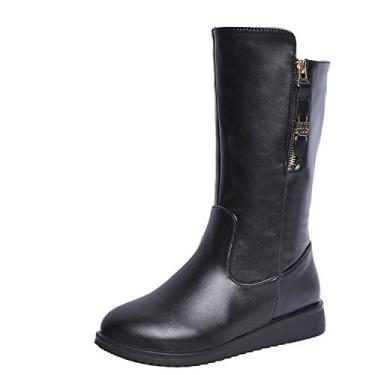Imagem de Botas femininas de inverno Gaorui de couro plano, cano médio da panturrilha, modernas com zíper, botas de equitação confortáveis, Preto, 7.5