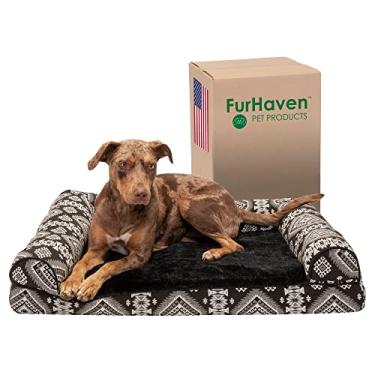 Imagem de Furhaven Cama de espuma viscoelástica para cães grande/médios com reforço removível e capa lavável, para cães de até 25 kg - Sofá decorativo de pelúcia e Southwest Kilim - medalhão preto, grande