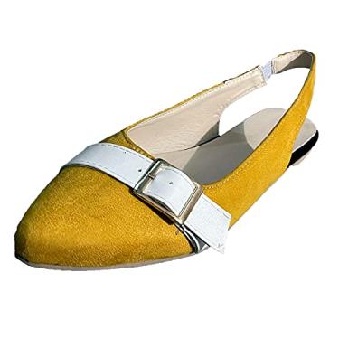 Imagem de Sandálias rasteiras femininas cor de banda pontiaguda sapatos únicos elástico combinando bico casual feminino sapatos casuais mocassins grossos femininos (amarelo, 9)
