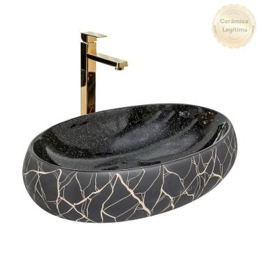 Imagem de Kit Cuba Pia Louça Cerâmica Banheiro C/torn E Vál Dourada 10