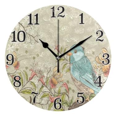 Imagem de KLL Relógio de parede bege fofo azul pássaro, 25 cm, silencioso, sem tique-taque, operado por bateria, relógios de parede redondos para casa, cozinha, sala de estar, escritório, quarto