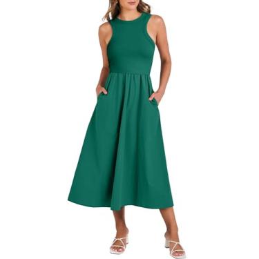 Imagem de ANRABESS Vestido de verão feminino casual sem mangas midi patchwork malha gola alta costas nadador vestidos rodados bolsos, Verde escuro, P
