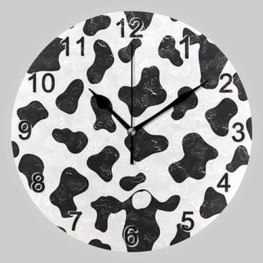 Imagem de CHIFIGNO Relógios de parede redondos de pele de vaca preto e branco, relógios de parede exclusivos operados por bateria 10 relógios de parede redondos relógio de sala de estar em casa