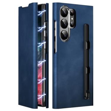 Imagem de PuRoxx Capa com suporte para Samsung Galaxy S24 Ultra/S24 Plus/S24, capa flip magnética forte de couro confortável de luxo com compartimento para cartão e suporte para caneta S, azul, S24 Ultra