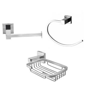 Imagem de Porta Papel Higiênico Ret + Porta Toalha Rosto Cromado + Saboneteira Inox