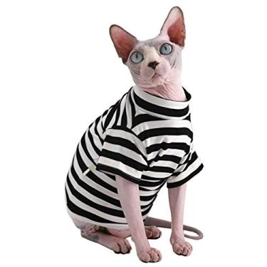 Imagem de Sphynx Camiseta de algodão de verão respirável com listras vermelhas para gatos sem pelos, colete de gola redonda camisas de gatinho sem mangas, roupas para gatos e cães pequenos (GG (4 a 5 kg), listra preta)