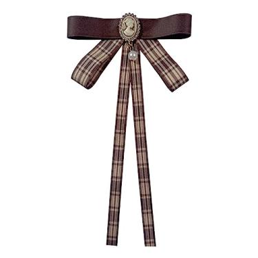 Imagem de JKQBUX Broche de laço retrô francês para mulheres meninas uniforme xadrez marrom pré-amarrado laço corpete festa cerimônia acessórios, 11* 20cm, Alumínio, Pérola