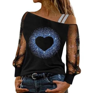 Imagem de Suéter feminino estampado Dia dos Namorados Love Heart Graphic Tees Shirt Slim Fit Raglans Tops manga longa, Azul, GG