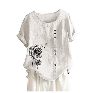 Imagem de Blusa feminina de linho, estampa floral, manga curta, gola redonda, botões, camisas de verão e férias, A - Branco, 3G