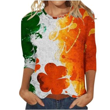 Imagem de Camiseta feminina do Dia de São Patrício com estampa da bandeira irlandesa americana túnica verde manga 3/4, Verde menta, G