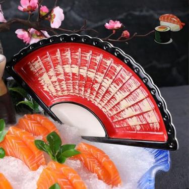 Imagem de DDMDBYHRY Prato de porcelana em forma de leque, bandeja grande de servir sushi estilo japonês, prato de sushi de cerâmica, materiais seguros para alimentos, pode ir ao