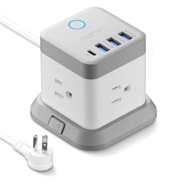 Imagem de BESTEK Cabo de alimentação com USB, extensor de tomada vertical montado em cubo com 3 tomadas, 3 portas USB e 1 tipo C, cabo de extensão de 1,5 m e base removível para montagem fácil