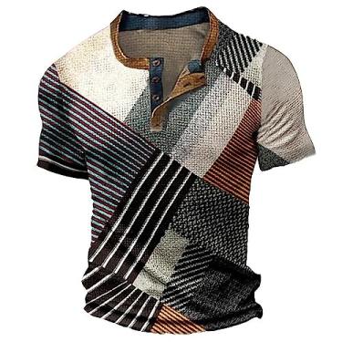 Imagem de Camisetas masculinas vintage Color Block Henley 2024 manga curta verão camisetas casuais da moda camisetas masculinas, Bronze, G