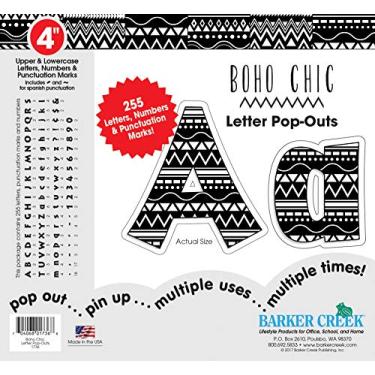 Imagem de Barker Creek Letras Pop-Outs, 10 cm Boho Chic, Letras de Designer Multicoloridas para Quadros de Avisos, Salas de Descanso, Áreas de Recepção, Sinais, Expositores e Mais! 10 cm, 255 caracteres por conjunto (1736), preto e branco