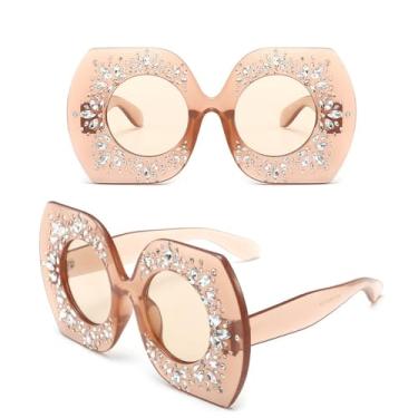 Imagem de Óculos de sol de cristal quadrado oversized feminino strass quadro lente redonda feminino elegante óculos de sol tons, c2, um tamanho
