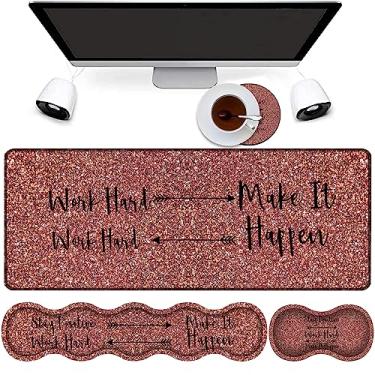 Imagem de Mouse pad grande para jogos + suporte de pulso para teclado + descanso de pulso para mouse + porta-copos + almofada de mesa com borda costurada, conjunto ergonômico de espuma de memória, mantenha o