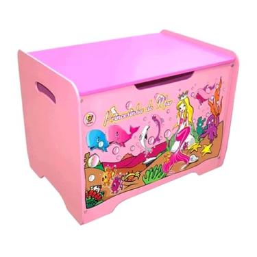 Imagem de Genérico Caixa Organizadora de Brinquedos Infantil Rosa - Baú em Madeira com Banquinho - 57 cm x 40 cm x 43 cm - Baby