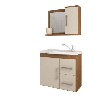 Imagem de Gabinete Para Banheiro Com Lavatório E Espelho Vix Amendoa E Off White MGM Móveis 65cm