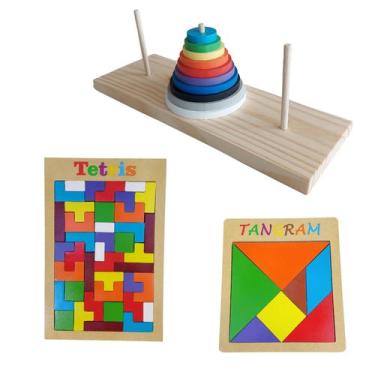 Imagem de Kit 3 Jogos Educativo Torre de Hanói Tetris 40 peças e Tangram - Fábri