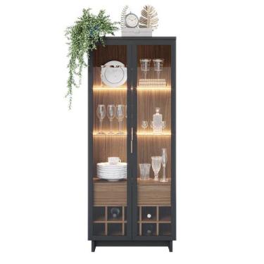 Imagem de Cristaleira Pierre Preto Fosco/ Noce Milano com LED e Prateleiras de V