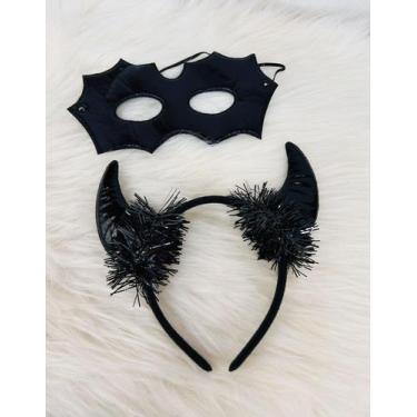 Imagem de Kit Mascara + Tiara Arco Diabinha Chifre Pelúcia Carnaval Halloween Fa