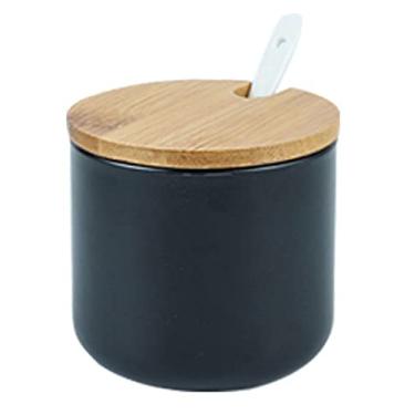 Imagem de RockTrend Pote de tempero de cerâmica de cor pura simples pote de condimento açucareiro com tampa e colher de bambu