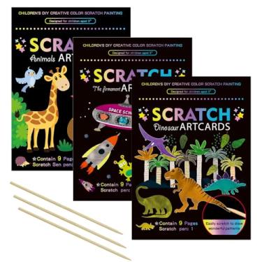 Imagem de OPUHOHR 3 Set Magic Scratch Paper Art, Colorful Magic Drawing Art Book with 3 Scratch Pen for Birthday Halloween Christmas Party Games Projects Kits （Dinosaurs/Spaceman/Giraffe）