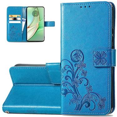 Imagem de Monwutong Capa carteira de telefone para Motorola Edge 40, capa de couro PU com estampa de trevo de quatro folhas com fecho magnético e slots de cartão de dinheiro coldre para Moto Edge 40, SYC azul