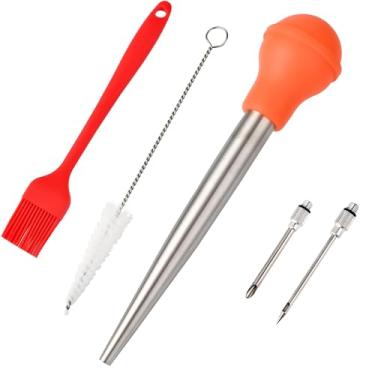 Imagem de Kalsreui Baster de peru, seringa de aço inoxidável 18/8 para cozinhar, conjunto de injetor de carne com 2 agulhas e 2 pincéis de limpeza, baster para sabor de carne, aves, carne bovina e frango