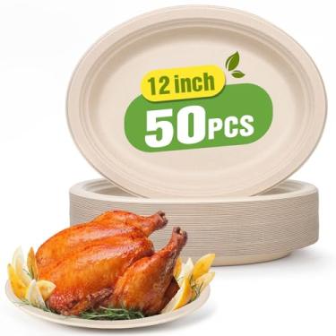 Imagem de Gezond Pratos de papel ovais 100% compostáveis, pacote com 50, grandes, descartáveis e resistentes, placas ecológicas de fibra de cana de açúcar, biodegradáveis para festas, churrasco e piquenique