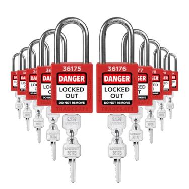Imagem de TRADESAFE Conjunto de trava com etiqueta de bloqueio, cadeados de segurança com chave de forma diferente, 2 chaves por fechadura, vermelho, fechaduras de segurança em conformidade com a segurança para a etiqueta. Pacote com 10