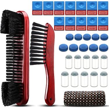 Imagem de Conjunto de 7 escovas de bilhar para limpeza de mesa de bilhar kit de escova de feltro inclui mesa de sinuca, escova de trilho 2 panos de eixo de tacos 12 cubos de giz para tacos de sinuca, 20 pontas