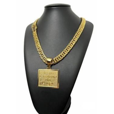 Imagem de Cordão 13mm Grumet + Pingente Frase Jesus - Banhado a Ouro - ToJoia18k