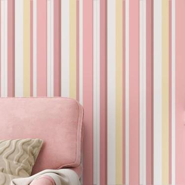 Imagem de Papel de Parede Adesivo Vinílico Lavável Listrado Tons Rosa e Amarelo 