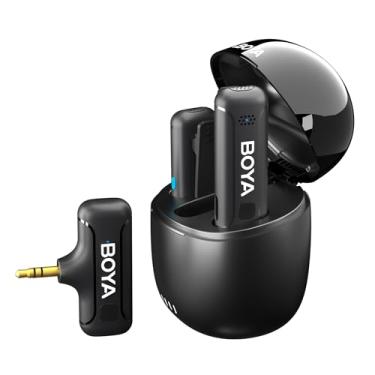 Imagem de BOYA BY-WM3T-M2 Microfone de lapela sem fio para câmera de smartphone TRS de 3,5 mm, microfone plug-play 2 em 1 com estojo de carregamento para gravação de vídeo, entrevistas, YouTubers, Vloggers