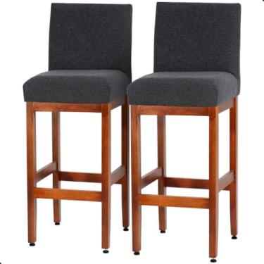 Imagem de Kit 2 Banqueta Para Cozinha De Madeira Maciça Eucalipto Alta Estofada Tecido Linho Para Bancada Montável Jade (LINHO GRAFITE REF 82)