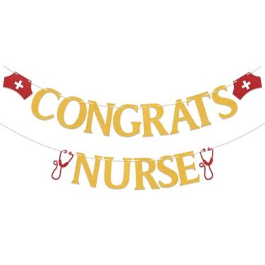 Imagem de Congrats Nurse Banner - Decorações de graduação de enfermeira, sobrevivente de escola de enfermagem, decorações de festa de formatura da escola médica, glitter dourado