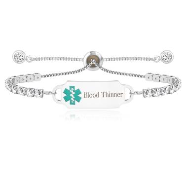 Imagem de Uloveido Pulseiras médicas personalizadas com alerta médico e alerta de saúde com corrente de tênis de zircônia cúbica, Adjustable, Metal, Zircônia cúbica