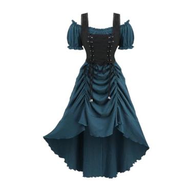 Imagem de ROSE GAL Rosegal Vestido de fantasia renascentista steampunk plus size ombro vazado com babados com cadarço alto baixo texturizado vestido midi gótico fantasia pirata (Azul_1/1X)