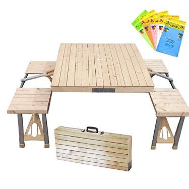 Imagem de Conjunto de mesa e cadeiras dobráveis da Stoncel, mesa de piquenique portátil com 4 assentos para acampamento ao ar livre, churrasco, festa e jantar Wood Color