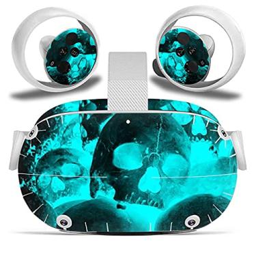Imagem de FOTTCZ Adesivo de vinil apenas para fone de ouvido e controles de realidade virtual Oculu Quest 2, decalque protege a realidade virtual - caveira brilhante ciano