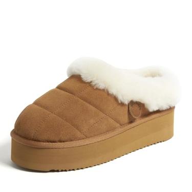 Imagem de Dearfoams Pantufas Shearling Plataforma Bendigo Confortável Puff Pelúcia Feminina Clog House Shoes, Castanho, 8, Castanho, 37