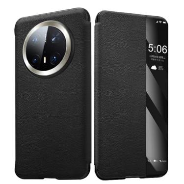 Imagem de POYUFRG Capa de couro para Huawei Mate 70 Pro/70 Pro+/70, Flip Clear View Smart Wakeup Cover Capa de telefone suporta carregamento sem fio, preta, 70 Pro+