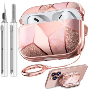 Imagem de Inesore Capa para AirPods Pro 2ª geração com trava, flores bonitas Air Pods Pro 2 capas rígidas para iPod Pro para mulheres e meninas com kit de limpeza (2023 USB-C /2022/2019) - Mármore dourado rosa