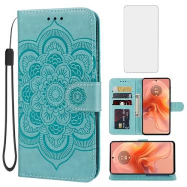 Imagem de Bohefo Capa para Moto G24/Moto G04/Moto E14/Moto G04S XT2423-1 Capa carteira com protetor de tela de vidro temperado, capa de telefone de couro mandala flip suporte para cartão de crédito para