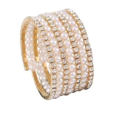 Imagem de KIFEDSLJ Pulseira de imitação de pérola larga de cristal dos anos 20 multicamadas com cristais de pérolas para mulheres, bijuterias de casamento, elastic, imitação de pérola, imitação de pérola