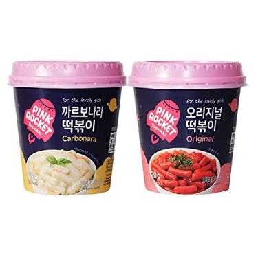 Imagem de Kit Topokki Bolinho de Arroz Coreano Instantâneo sabor Carbonara e Picante Original Pink Rocket 120g - 2 Copos